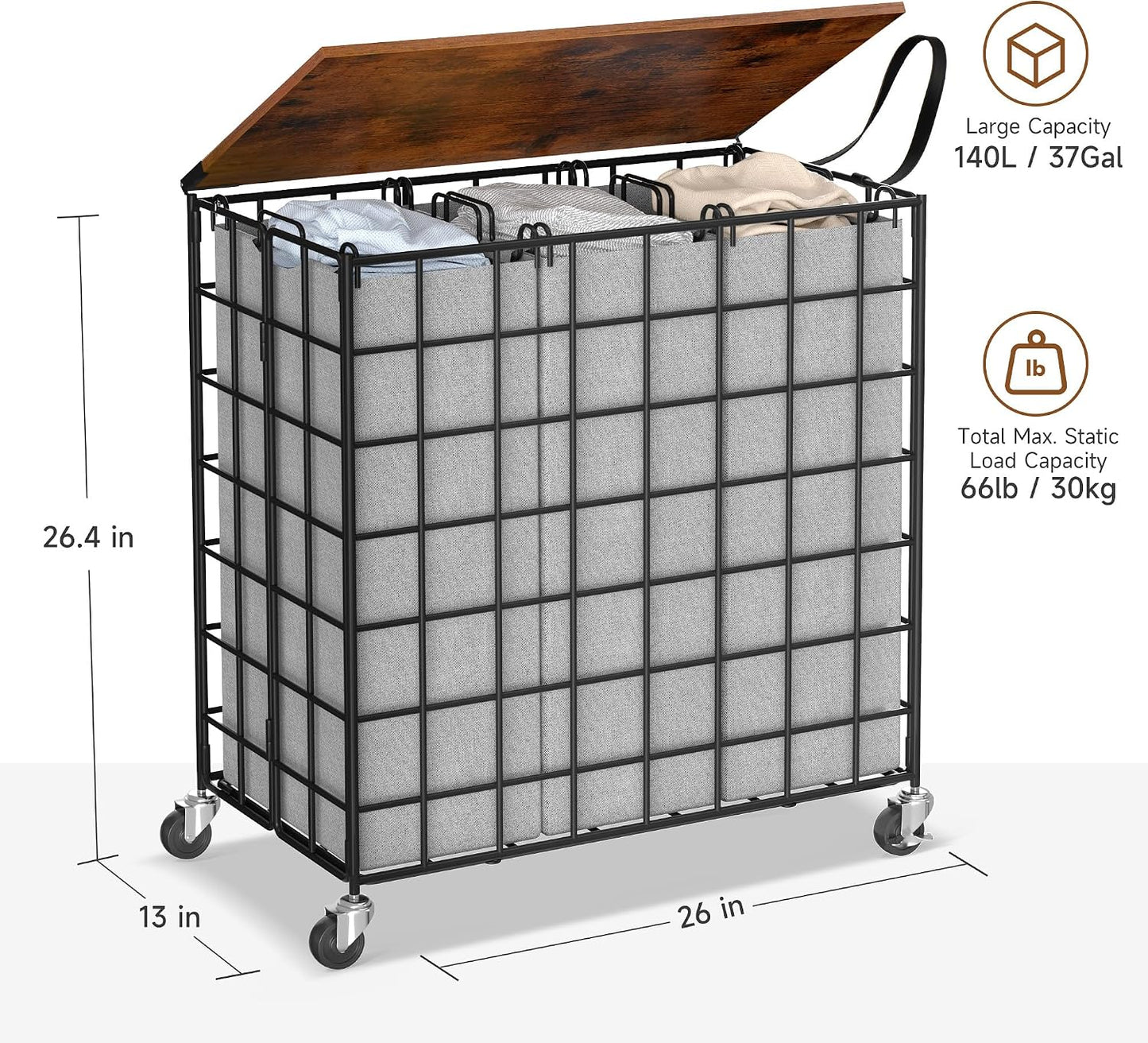 Laundry Basket with Wheels, Heavy Duty Laundry Sorter 2 Sections, 120L (32Gal.) Large Capacity Laundry Hamper with Wood Lid, 360 Rolling Wheels, Extra Side Pocket, Leather Pull Handle, Beige