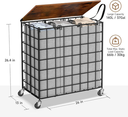 Laundry Basket with Wheels, Heavy Duty Laundry Sorter 2 Sections, 120L (32Gal.) Large Capacity Laundry Hamper with Wood Lid, 360 Rolling Wheels, Extra Side Pocket, Leather Pull Handle, Beige
