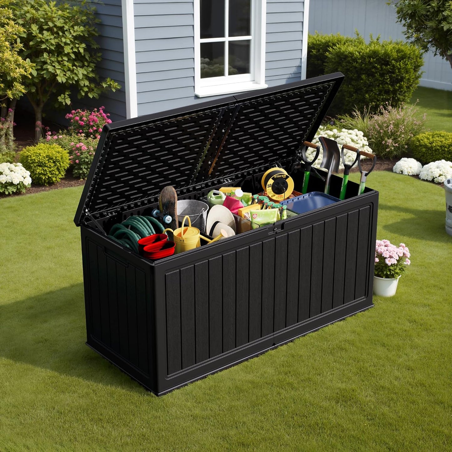 Devoko 30 Gallon Resin Deck Box Waterproof Outdoor Storage Box for Patio Furniture Pool Accessories Indoor Storage for Cushion Garden Tools (30 Gallon, Black)