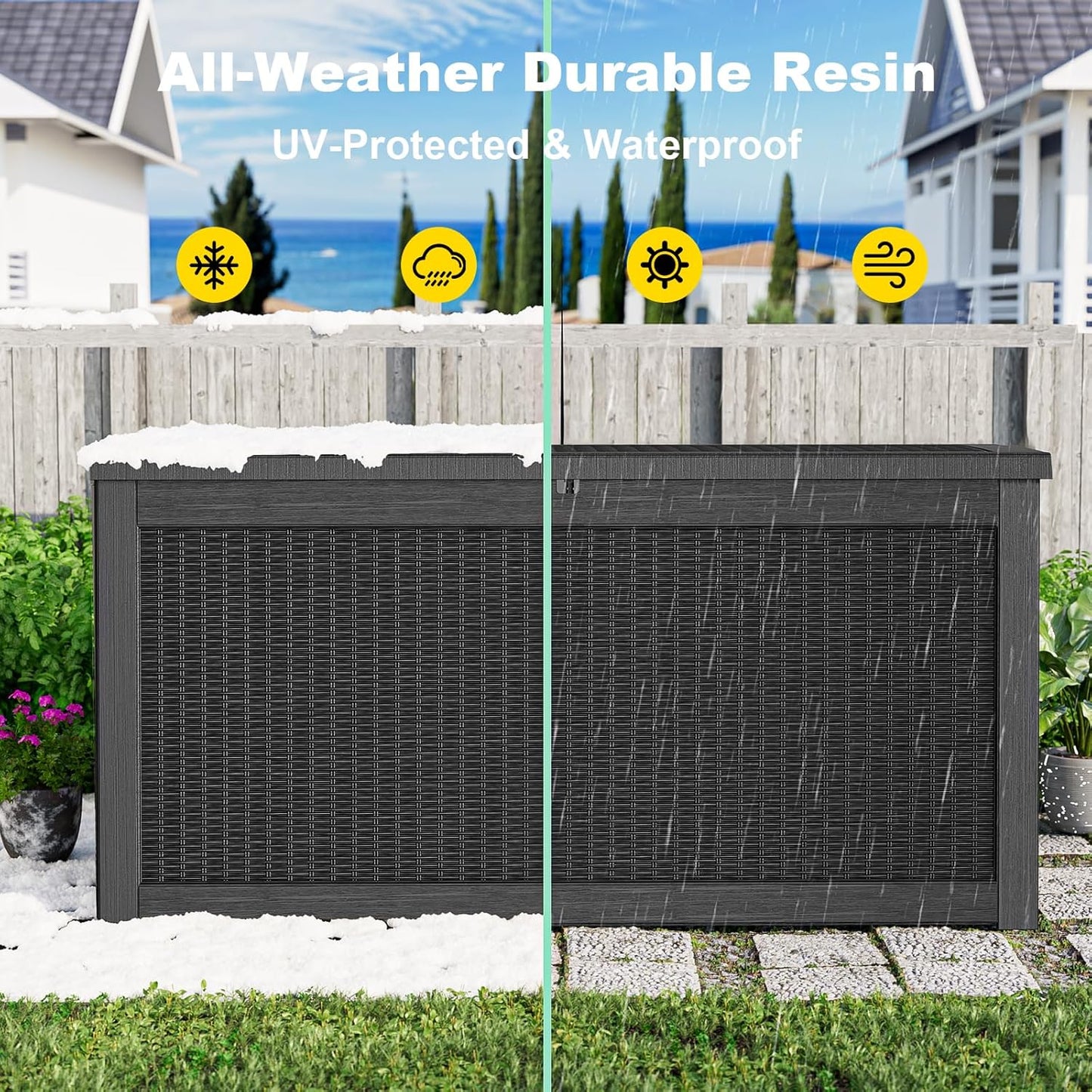 Outdoor Waterproof Resin Storage Deck Box Lockable Outside Bench UV Resistant Bin Patio Porch Furniture Pool Float Garden Tool Cushion (Black, 85 Gallon)