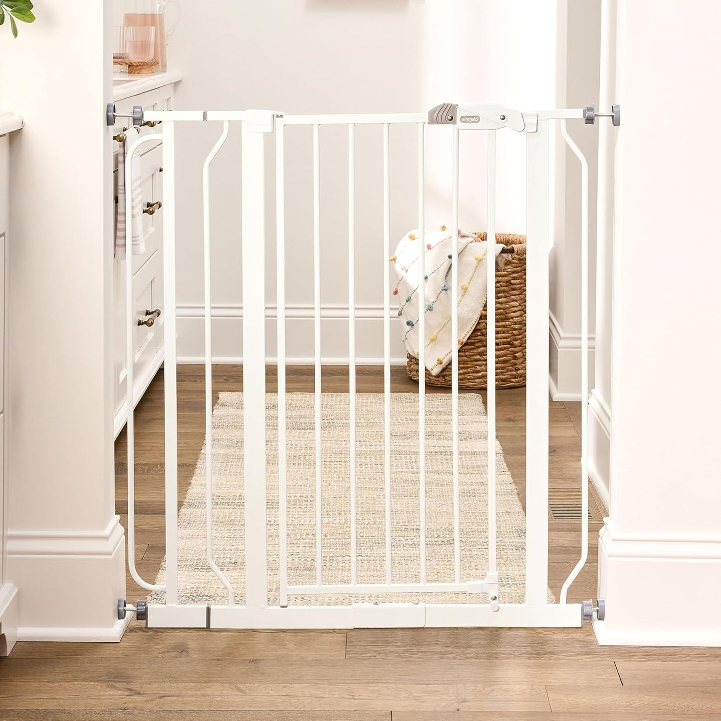 Regalo Safety 29-38.5" Baby Gate for Doorways & Bottom of Stairs, Pressure Mounted Baby Gate with Door for Babies, Toddlers & Pets, Tested & Safe for 30 Years, American Designed, American Owned, White