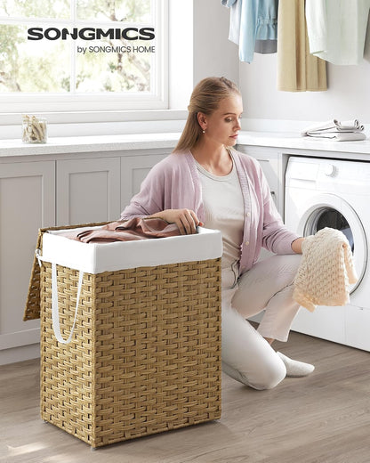 SONGMICS Laundry Hamper with Lid, 23.8 Gallon (90 L) Synthetic Rattan Clothes Laundry Basket with Lid and Handles, Foldable, Removable Liner, Chestnut Brown ULCB051K02