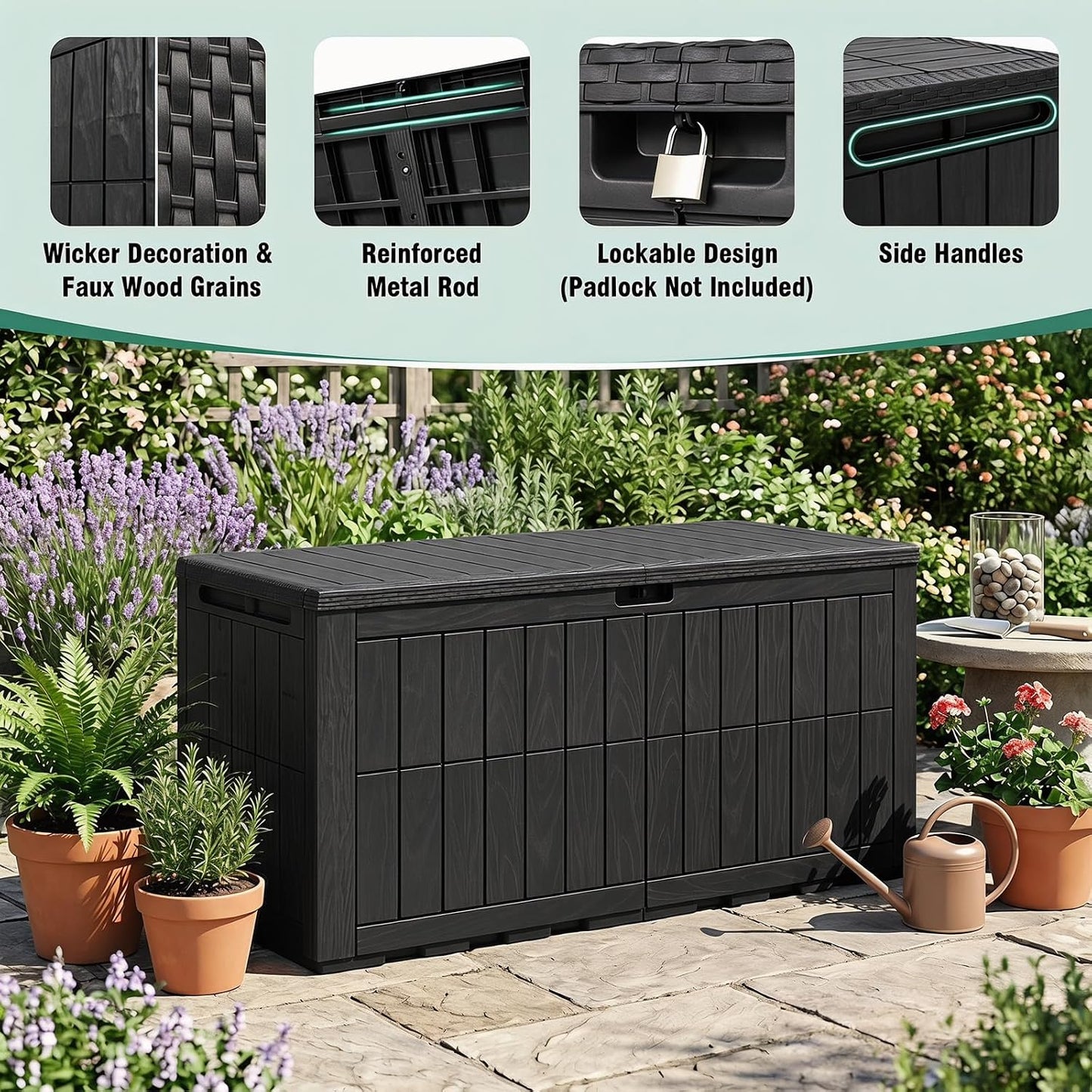 Tangkula 25 Gallon Waterproof Outdoor Storage Box with Lockable Lid | PP Resin, Wicker Patterned, Indoor Outdoor Use, Portable, Versatility, for Deck, Pool, Patio Cushions, Garden Tools