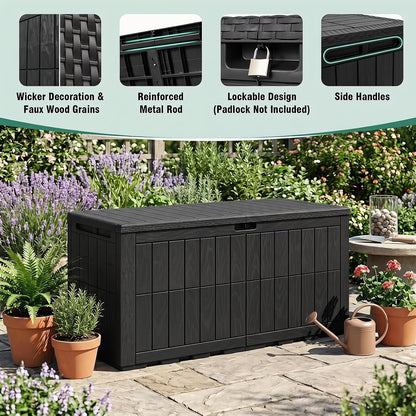 Tangkula 25 Gallon Waterproof Outdoor Storage Box with Lockable Lid | PP Resin, Wicker Patterned, Indoor Outdoor Use, Portable, Versatility, for Deck, Pool, Patio Cushions, Garden Tools