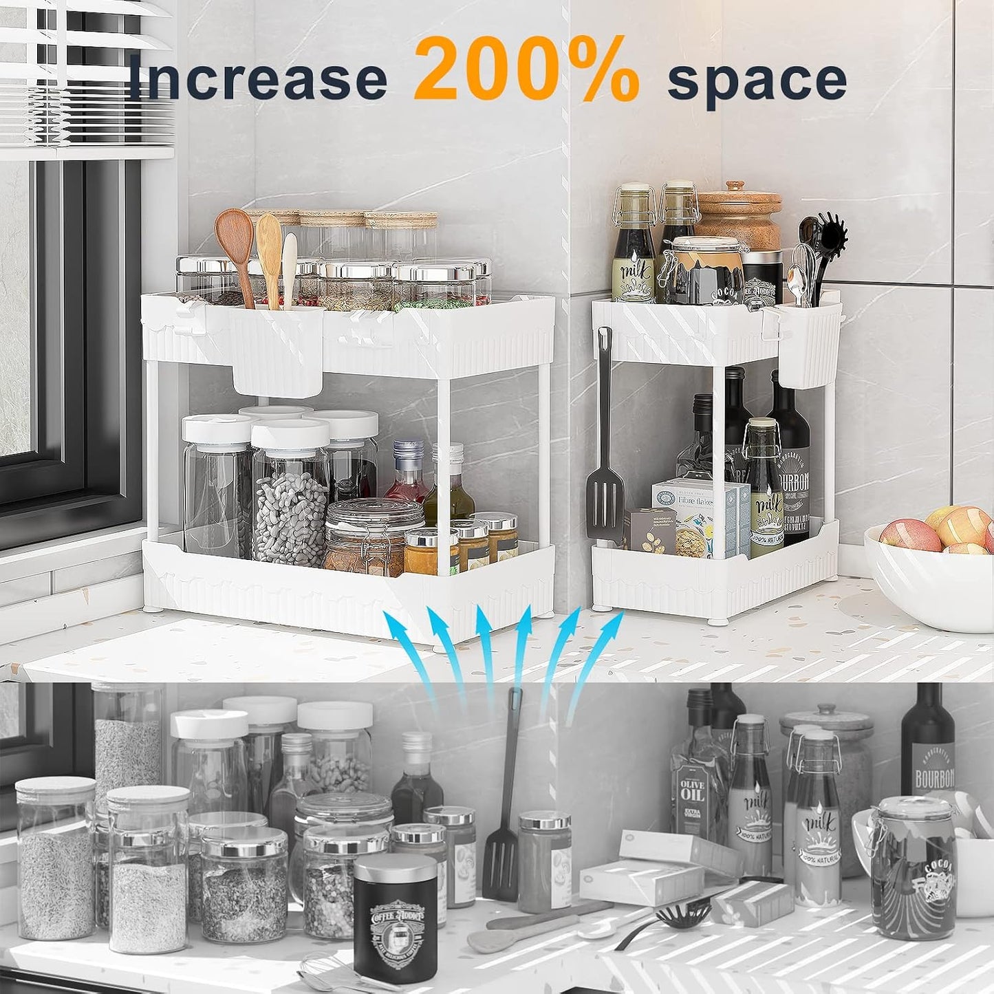 Sevenblue 2 Pack Under Sink Organizer, Under Bathroom Cabinet Organizer with Hooks Hanging Cup, Multi-Purpose Storage Shelf for Kitchen Bathroom, Black