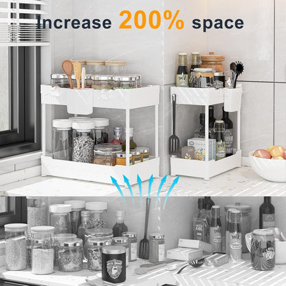 Sevenblue 2 Pack Under Sink Organizer, Under Bathroom Cabinet Organizer with Hooks Hanging Cup, Multi-Purpose Storage Shelf for Kitchen Bathroom, Black
