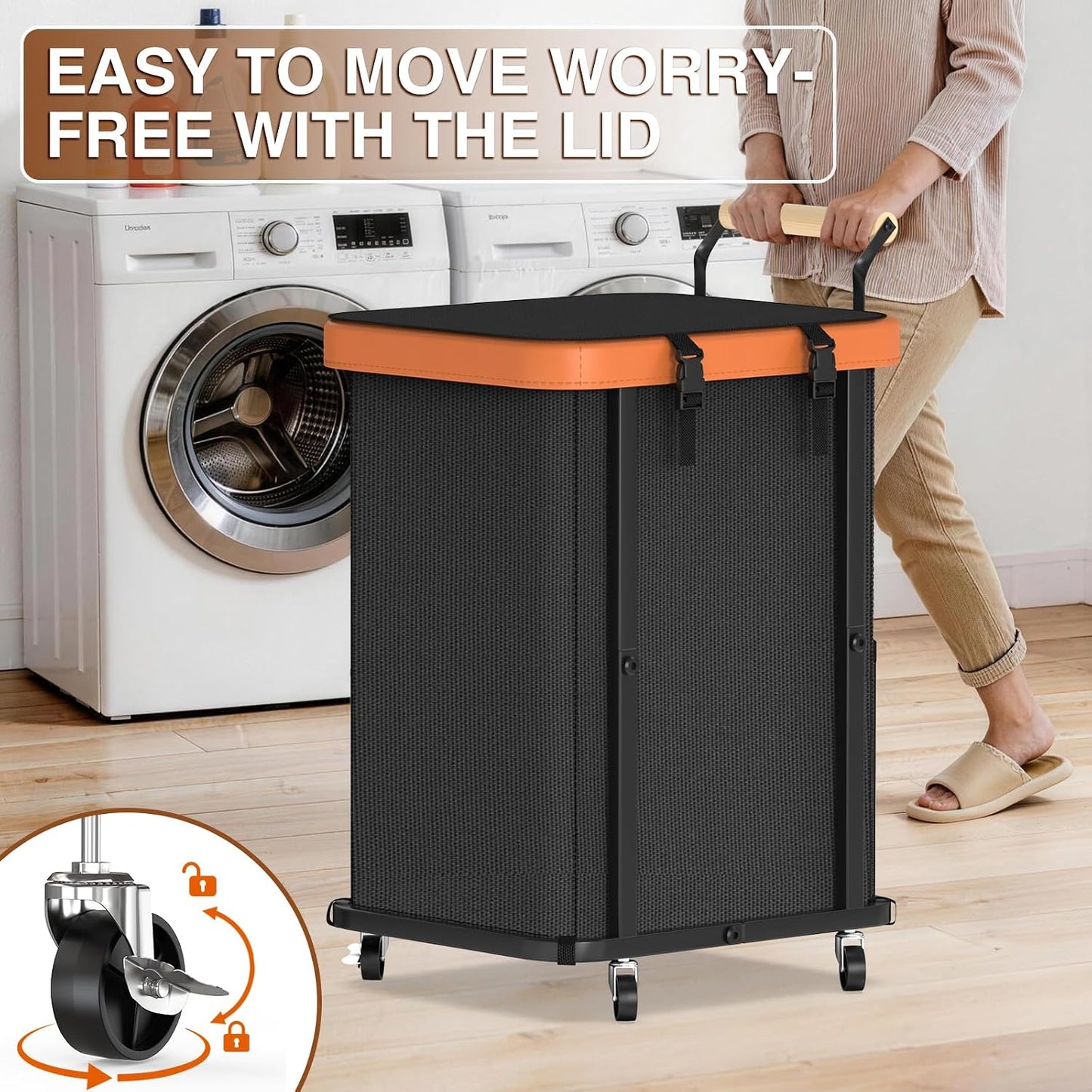 Rolling Laundry Hamper with Wheels, Laundry Hamper 3 Section with Lid, Laundry Basket with Rolling Lockable Wheels and Handle, Laundry Basket Organizer for Laundry Room, Bedroom 230L Black