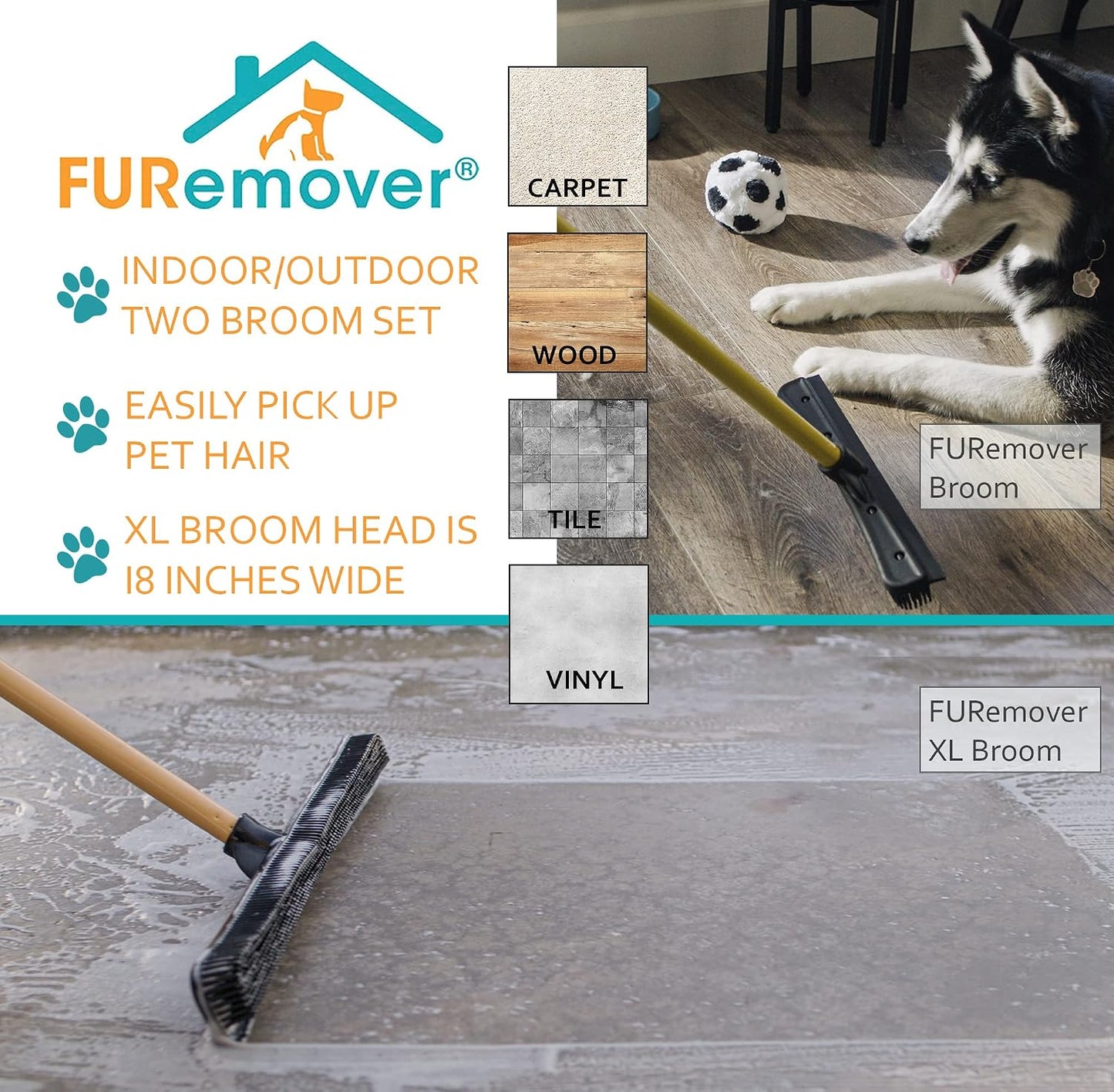 FURemover Pet Hair Removal Rubber Broom, 18" Broom Head