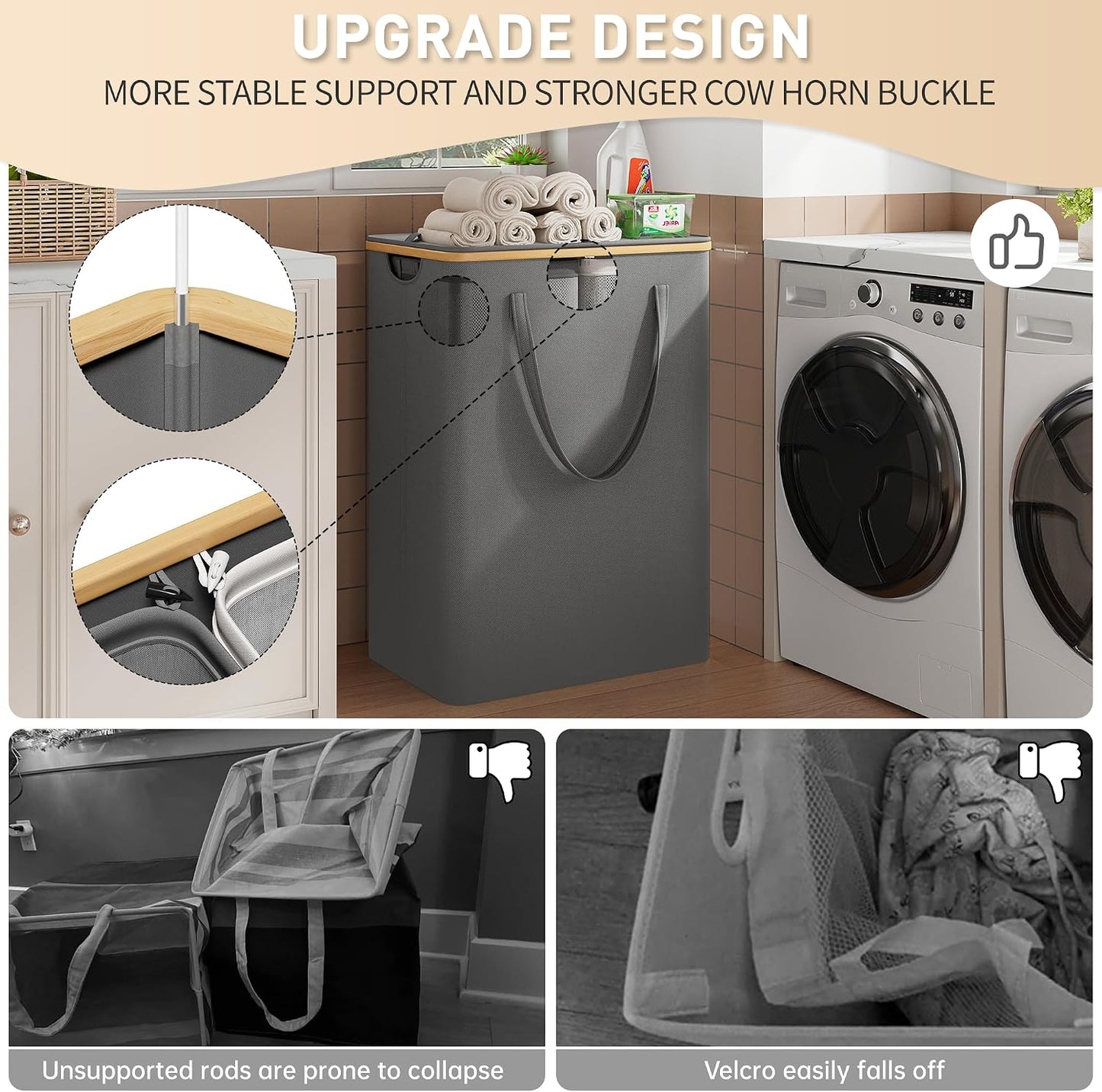 175L Laundry Hamper with Lid 3 Section, Extra Large Laundry Basket with 3 Removable Bags, 46 GAL Laundry Basket Organizer for Bedroom, Laundry Room, Dorm, Grey