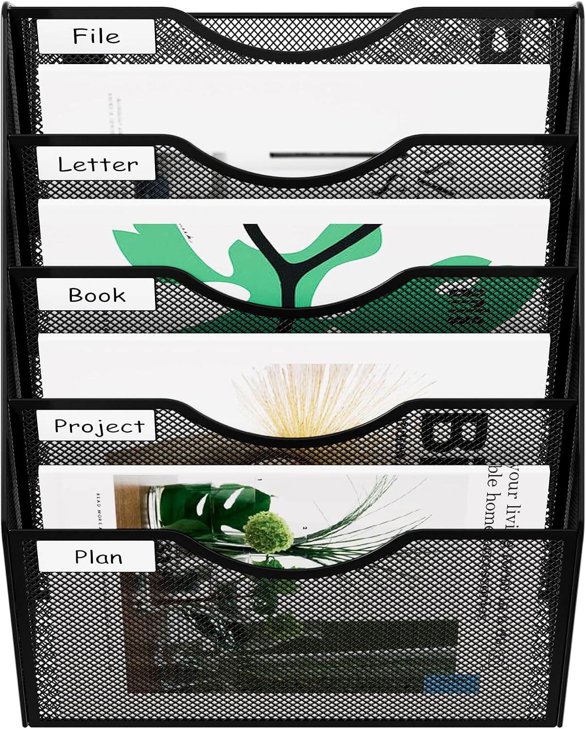 EasyPAG 5 Pocket Mesh Wall File Organizer with Key Hooks, Hanging Paper Folder Holder with Classify Label, Vertical Wall Mount Mail Organizer for Office Home Classroom, Black