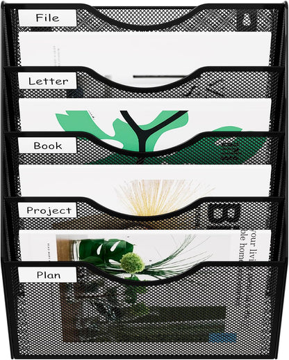 EasyPAG 5 Pocket Mesh Wall File Organizer with Key Hooks, Hanging Paper Folder Holder with Classify Label, Vertical Wall Mount Mail Organizer for Office Home Classroom, Black