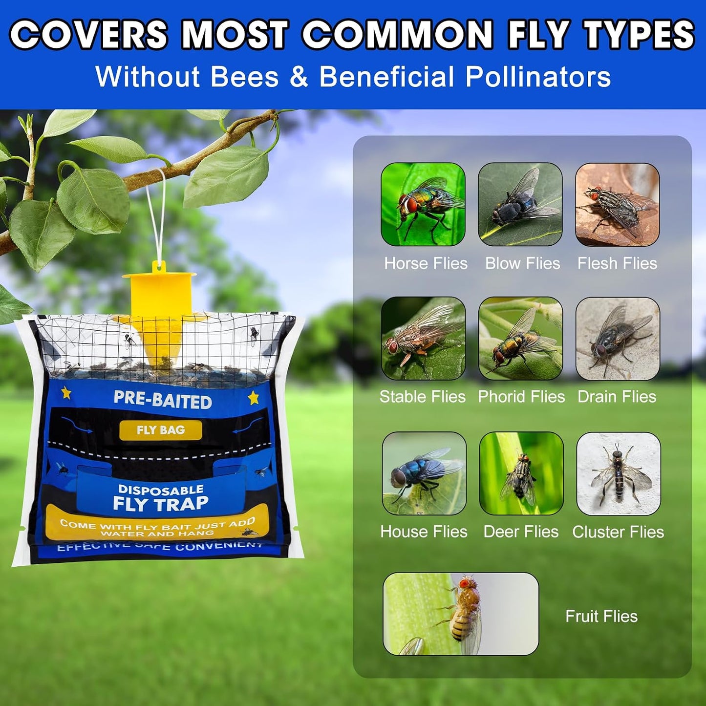 Big Disposable Hanging Fly Trap Bag 4 Pack for Chicken Coop Barn Ranch Farm | 50g Dissolvable Bait Fly Hunter for Flying Insects, Large Clear Capacity, No Messy Cleanup, Weatherproof Outdoor-only Use