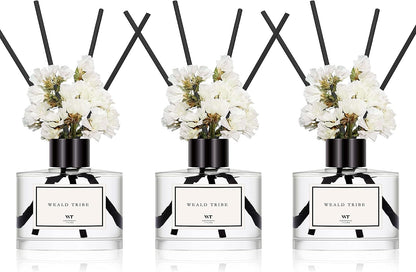 WEALD TRIBE Real Flower Reed Diffuser Set of 3 for Bathroom Air Fresheners, Oil Defusers | Fresh Linen/Ocean/Eucalyptus & Mint Scent(1.7 fl oz Each Pack) Home Fragrance with 12 Stick | Shelf Decor