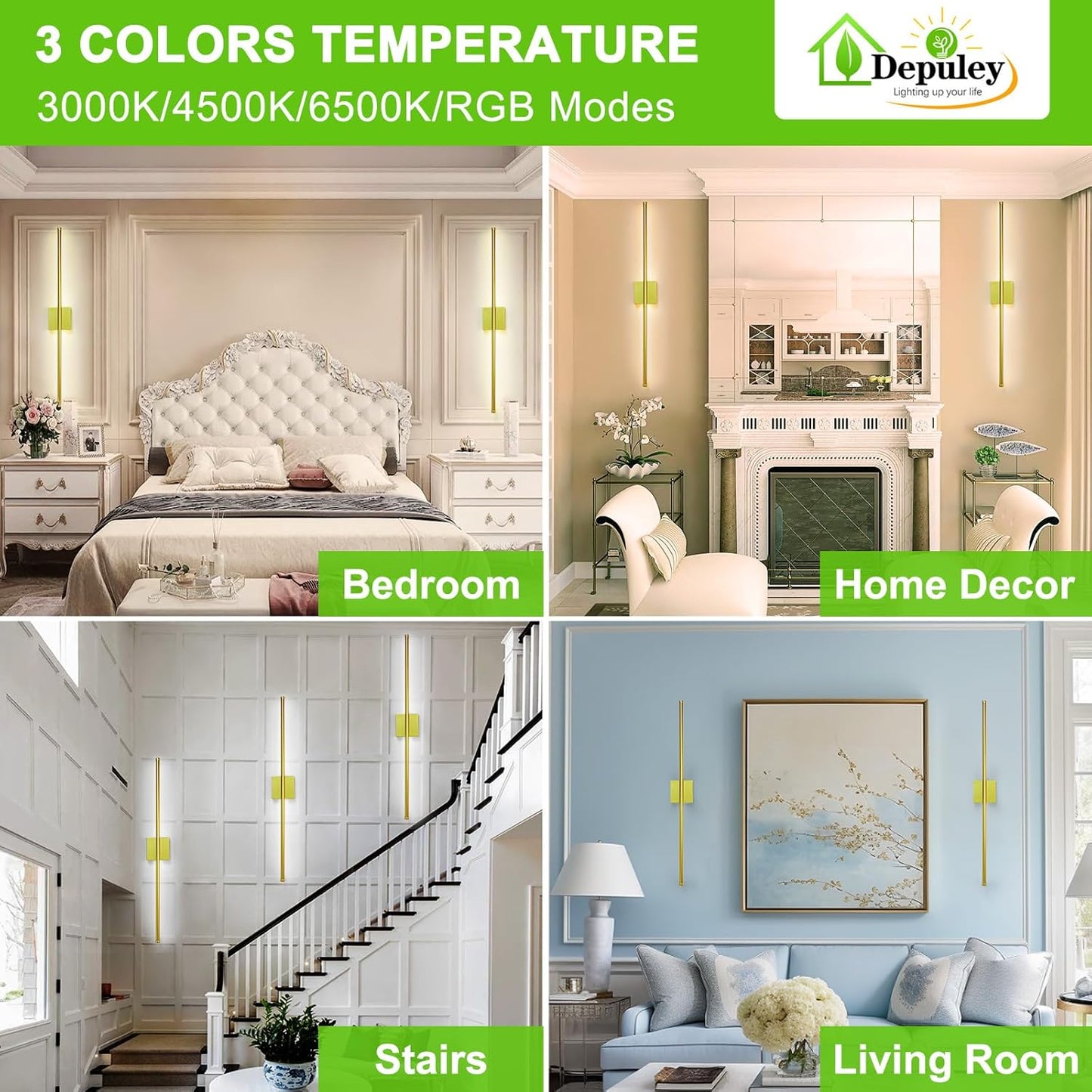 Depuley Battery Operated Wall Sconce: Set of 2 Wireless Wall Lights with 10000mAh Dimmable Bulbs and Remote for Bedroom - Rechargeable 15 Colors Gold Wall Lamp for Living Room Hallway