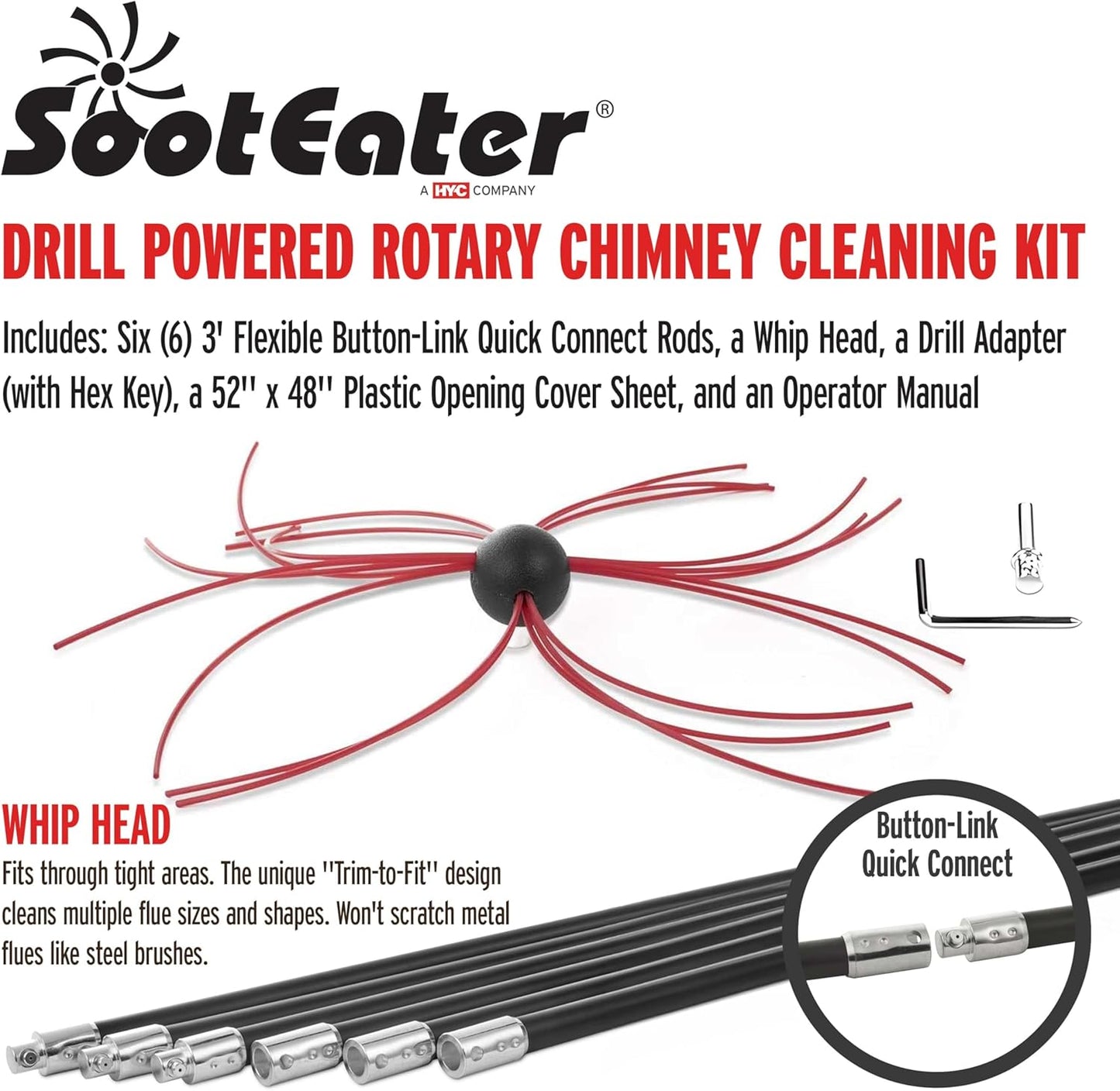 Gardus SootEater Pellet Stove Cleaning Kit - Complete Rotary Pellet Stove Vent Kit with Flexible rods, Propeller Pipe Brushes, & Flue Fire Prevention.