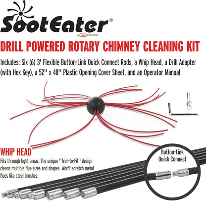 Gardus SootEater Pellet Stove Cleaning Kit - Complete Rotary Pellet Stove Vent Kit with Flexible rods, Propeller Pipe Brushes, & Flue Fire Prevention.