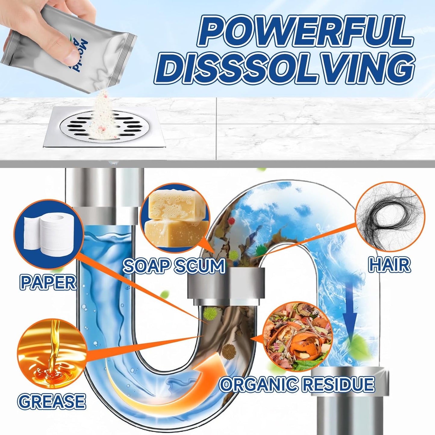 Drain Clog Remover for Sink & Shower, Dissolves Hair, Grease, Soap Scum & Paper, Powerful Bleach-Free Drain Cleaner Powder, 6 Pre-Measured Treatments for Bathroom & Kitchen