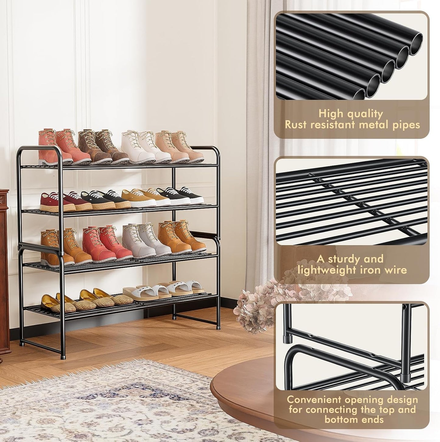 SUFAUY 2 Tier 33" Wide Shoe Rack, Closet Metal Wire, Stackable, Pink
