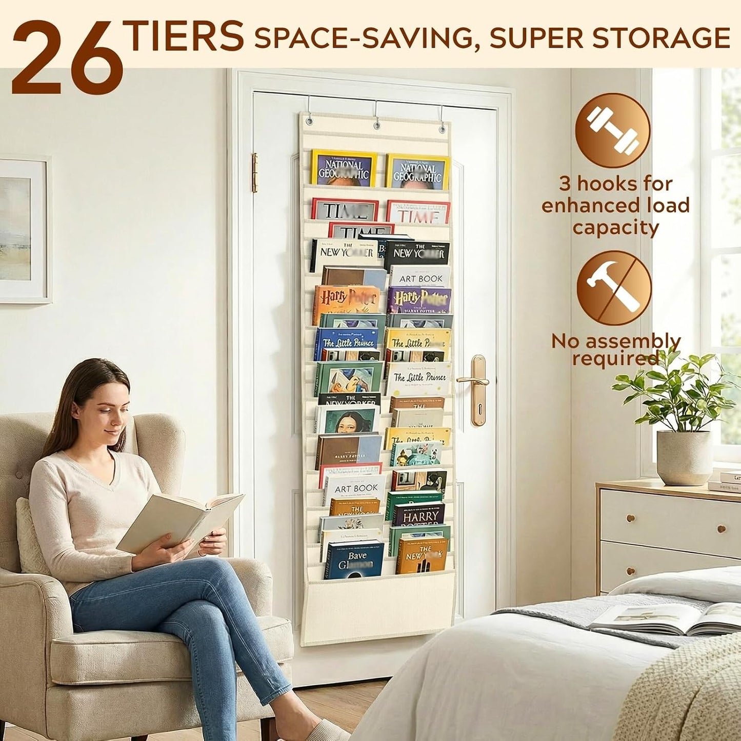 26-Pocket Over The Door File Organizer - Vertical Hanging Storage for Magazines, Documents & Paper, Heavy-Duty Door Organizer for Office, Classroom & Home