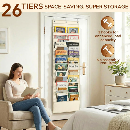 26-Pocket Over The Door File Organizer - Vertical Hanging Storage for Magazines, Documents & Paper, Heavy-Duty Door Organizer for Office, Classroom & Home