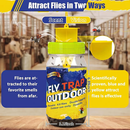 4 Fly Traps Outdoor Fly Trap with 4 Dissolvable Bait Refills, Reusable Hanging Bug Catcher Killer Bottle for Outside Bug Control Patio Yard Ranch Barns Stable, Hanging Rope, Brush Included