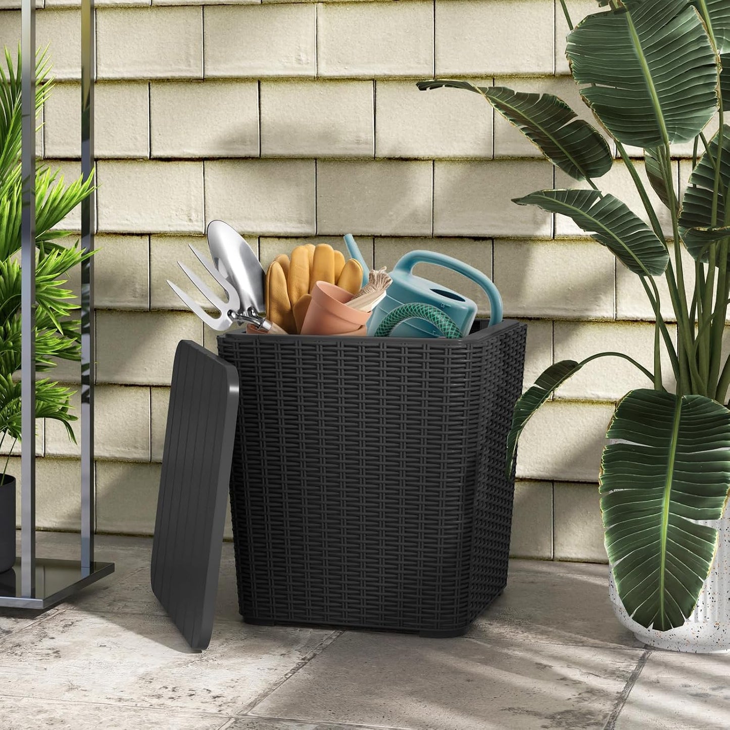 Tangkula 11.5 Gallon Water-proof Deck Box, Outdoor Patio Storage Box w/Removable Lid &, Faux Rattan Storage Container Side Table, All Weather Patio Furniture Extra Seat for Poolside (Brown)