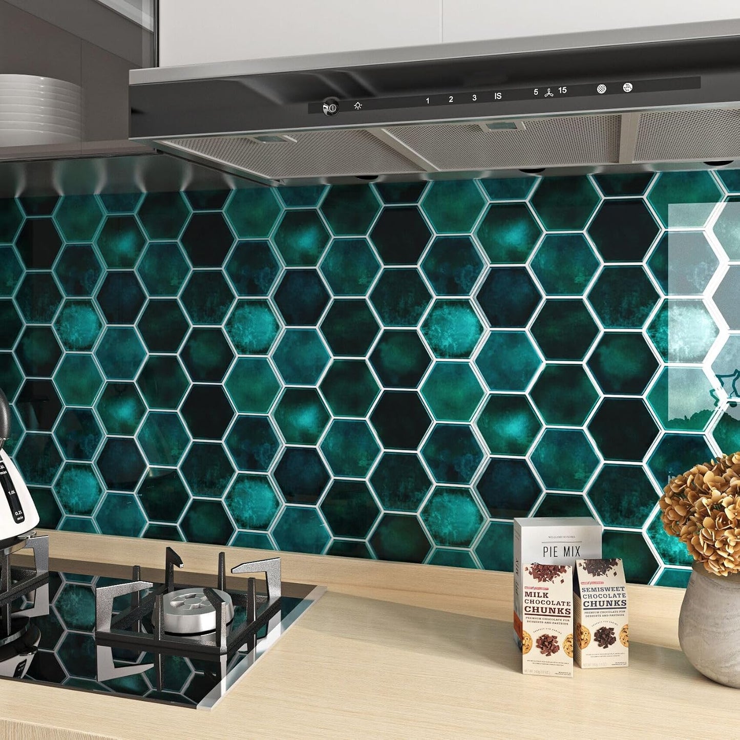 FunStick Dark Green Peel and Stick Backsplash Tile Stickers for Kitchen 12"x12" 3D Hexagon Self Adhesive Wall Tiles Peel and Stick Backsplash Stick on Tile for Bathroom Shower RV Waterproof 5 Sheets