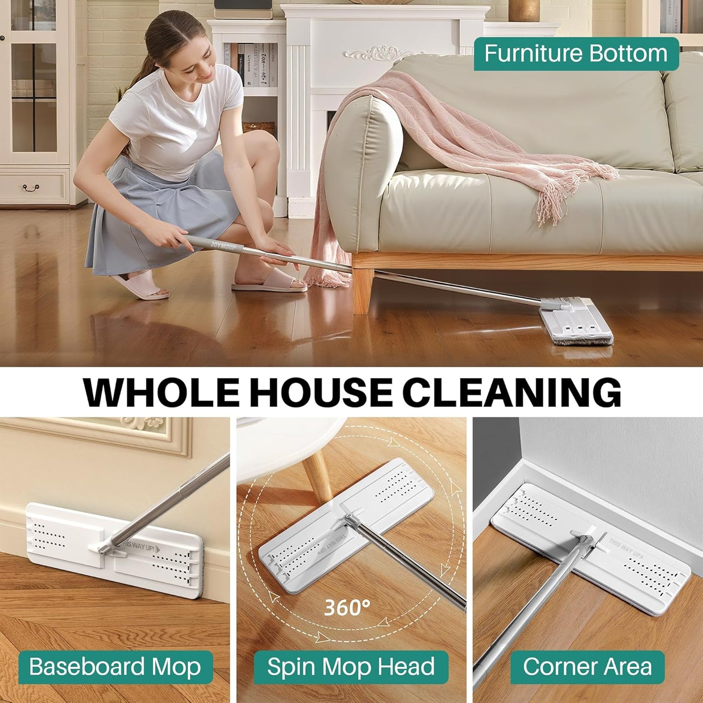 JOYMOOP Mop and Bucket with Wringer Set, Hands Free Flat Floor Mop and Bucket, 60" Mop with 3 Reusable Microfiber Pads, Wet and Dry Use, Floor Cleaning System