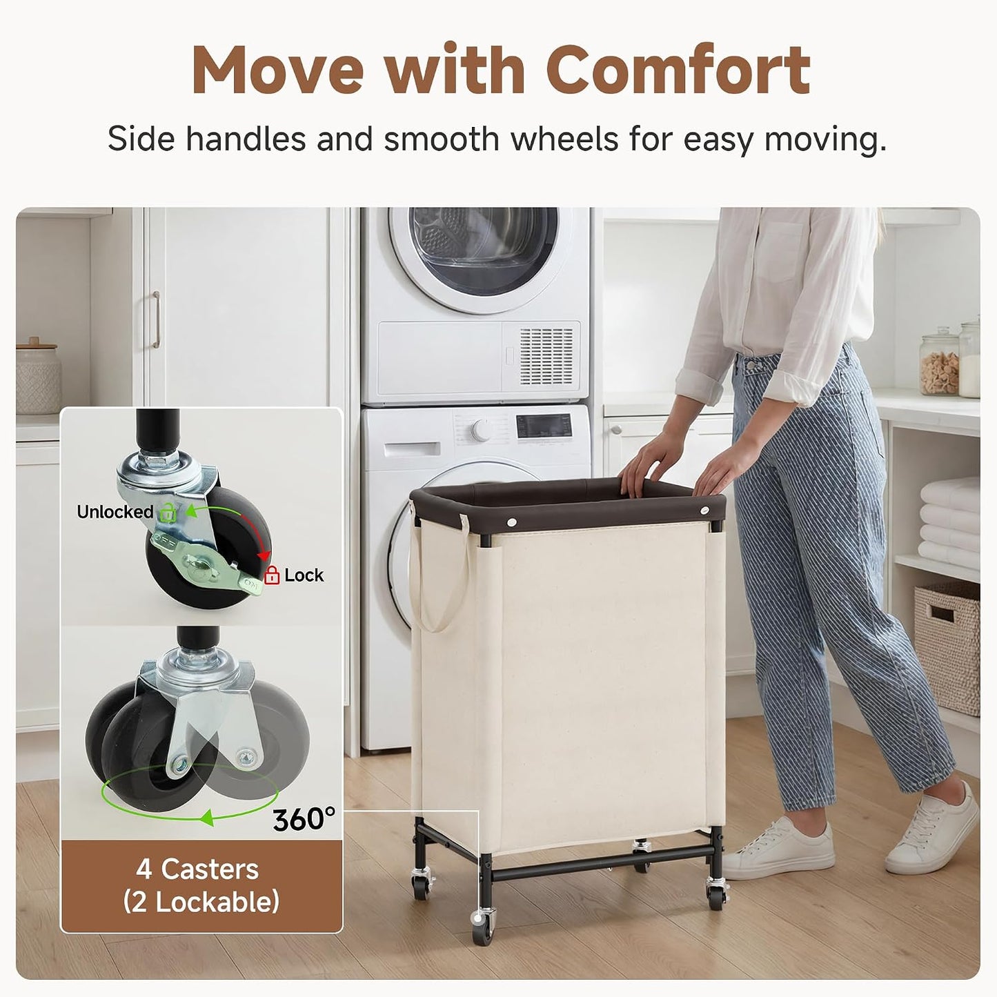 StorageWorks 3 Section Laundry Hamper, Rolling Laundry Cart with Wheels and Handles, Laundry Room Double Sorter for Organizer and Storage, 31.7 Gal(120L), Beige
