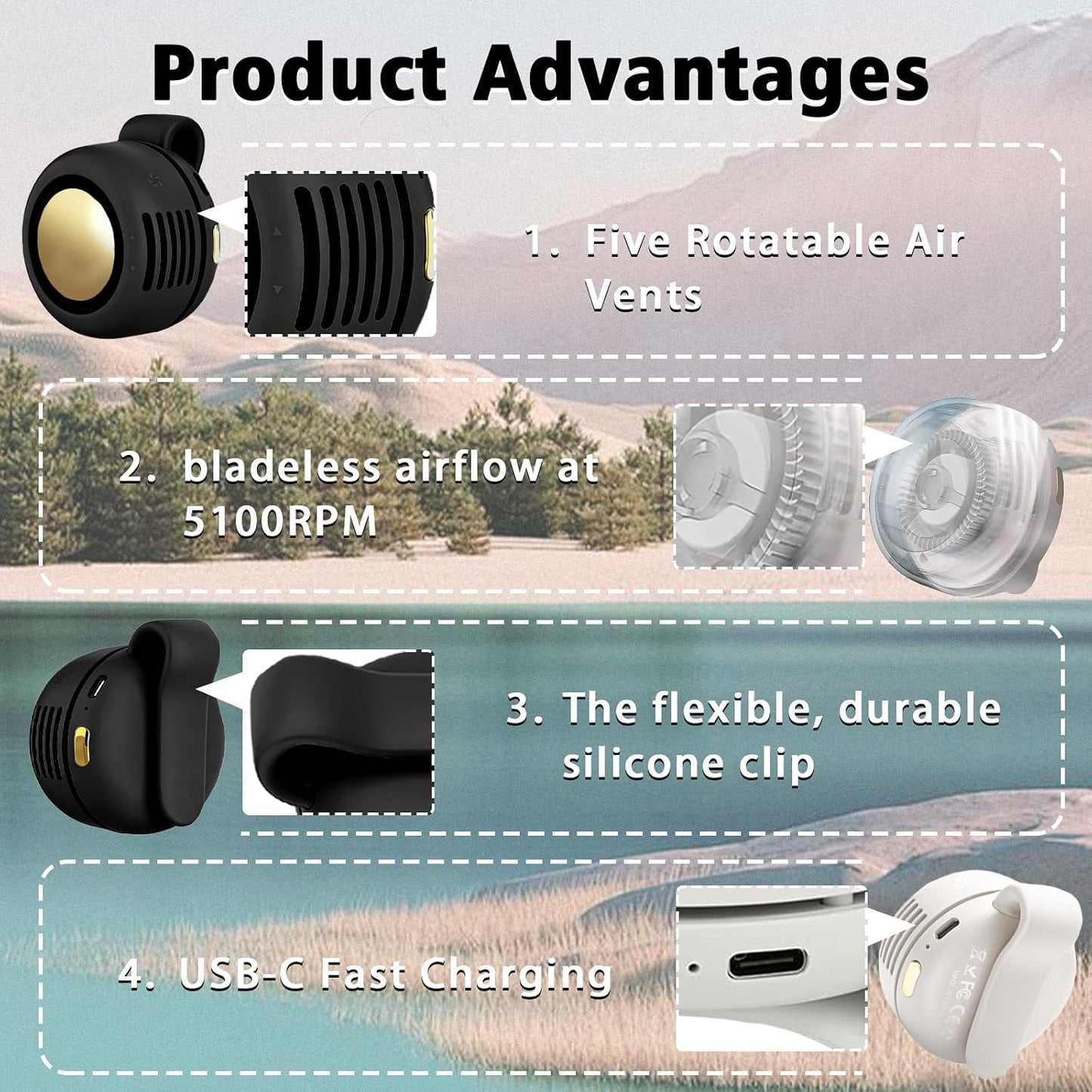 Portable Clip-On Fan, Mini USB Rechargeable 360° Rotatable Fan, Personal Fan 3-Speed Silent Mini Bladeless Fans