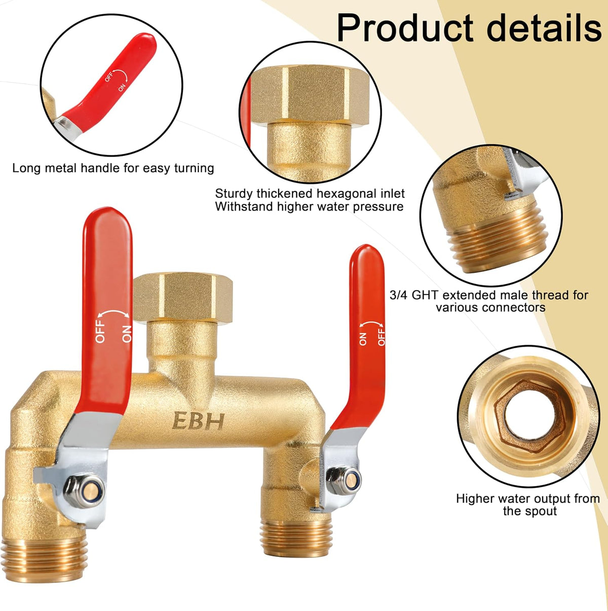 EBH Garden Hose Splitter, 2-Way High Flow Heavy Duty Brass Outdoor Hose Manifold with Extra Long Handles Full Flow Faucet Adapter- 3/4” GHT(Green)