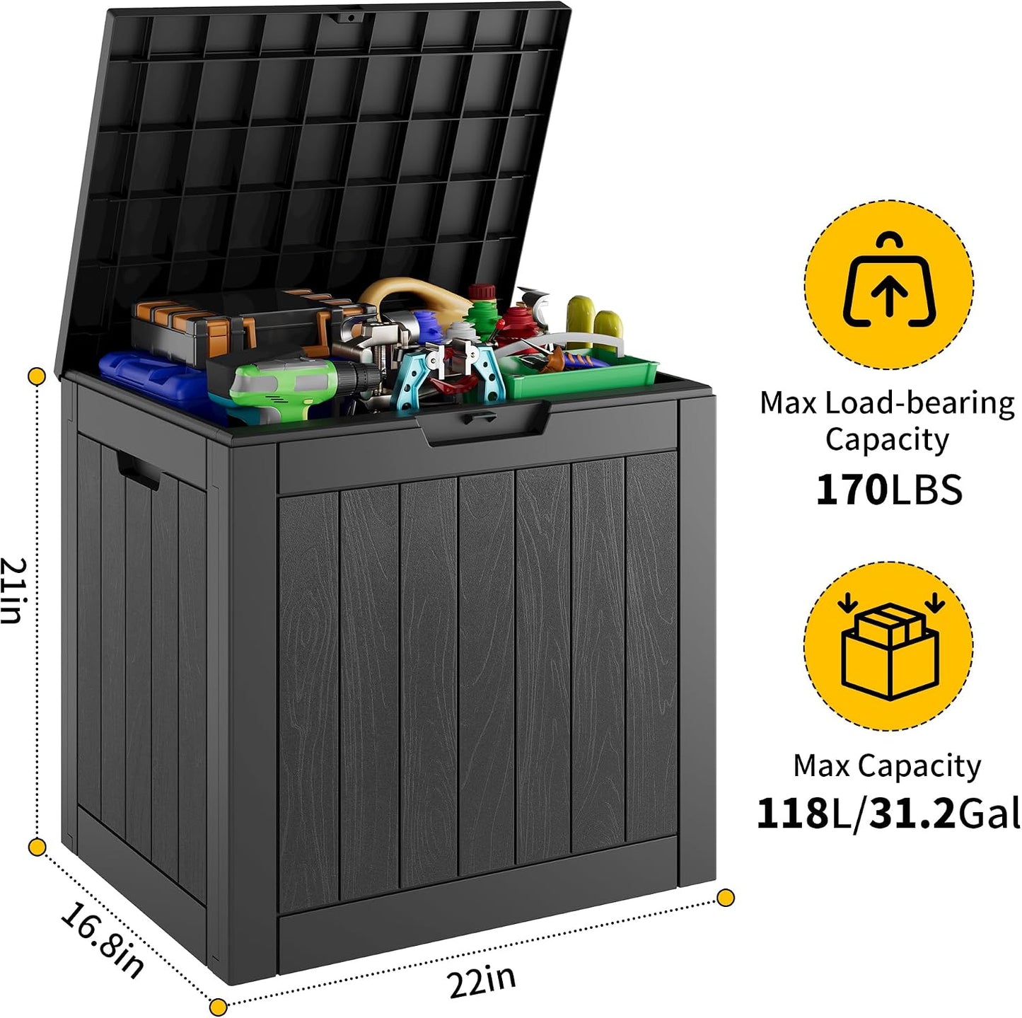 KAMABOKO 31 Gallon Outdoor Storage Box, Resin Deck Boxes Indoor and outdoor, Waterproof Storage Box Lockable Lid for Garden Tools, Package Delivery, Pool Supplies, Patio Cushions, Black