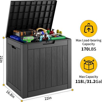 KAMABOKO 31 Gallon Outdoor Storage Box, Resin Deck Boxes Indoor and outdoor, Waterproof Storage Box Lockable Lid for Garden Tools, Package Delivery, Pool Supplies, Patio Cushions, Black