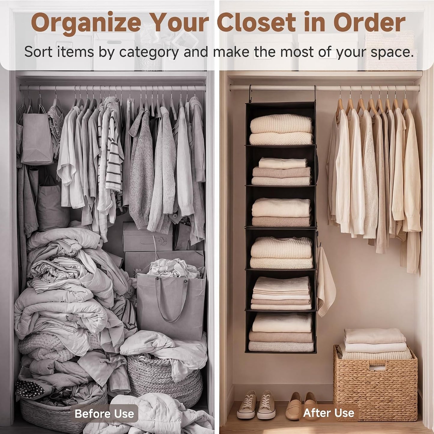 StorageWorks 6-Shelf Closet Organizers, Two 3-Shelf Separable Hanging Shelves for Closet, 12 1⁄2" D x 12 1⁄2" W x 47 ¼" H, Mixing of Beige, White & Ivory