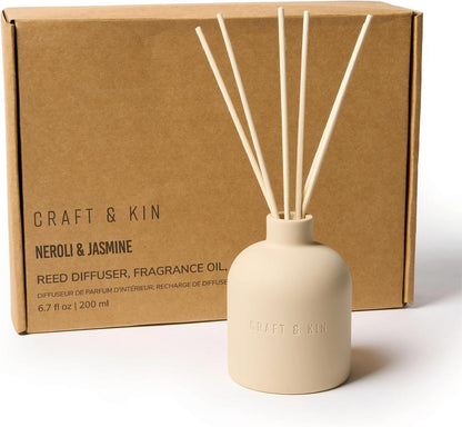 Craft & Kin Reed Diffuser for Home & Bathroom – Neroli & Jasmine Holiday Reed Diffuser Set with Fragrance Sticks, Long-Lasting Alcohol-Free Winter Scent, Earthenware Collection, 6.7oz