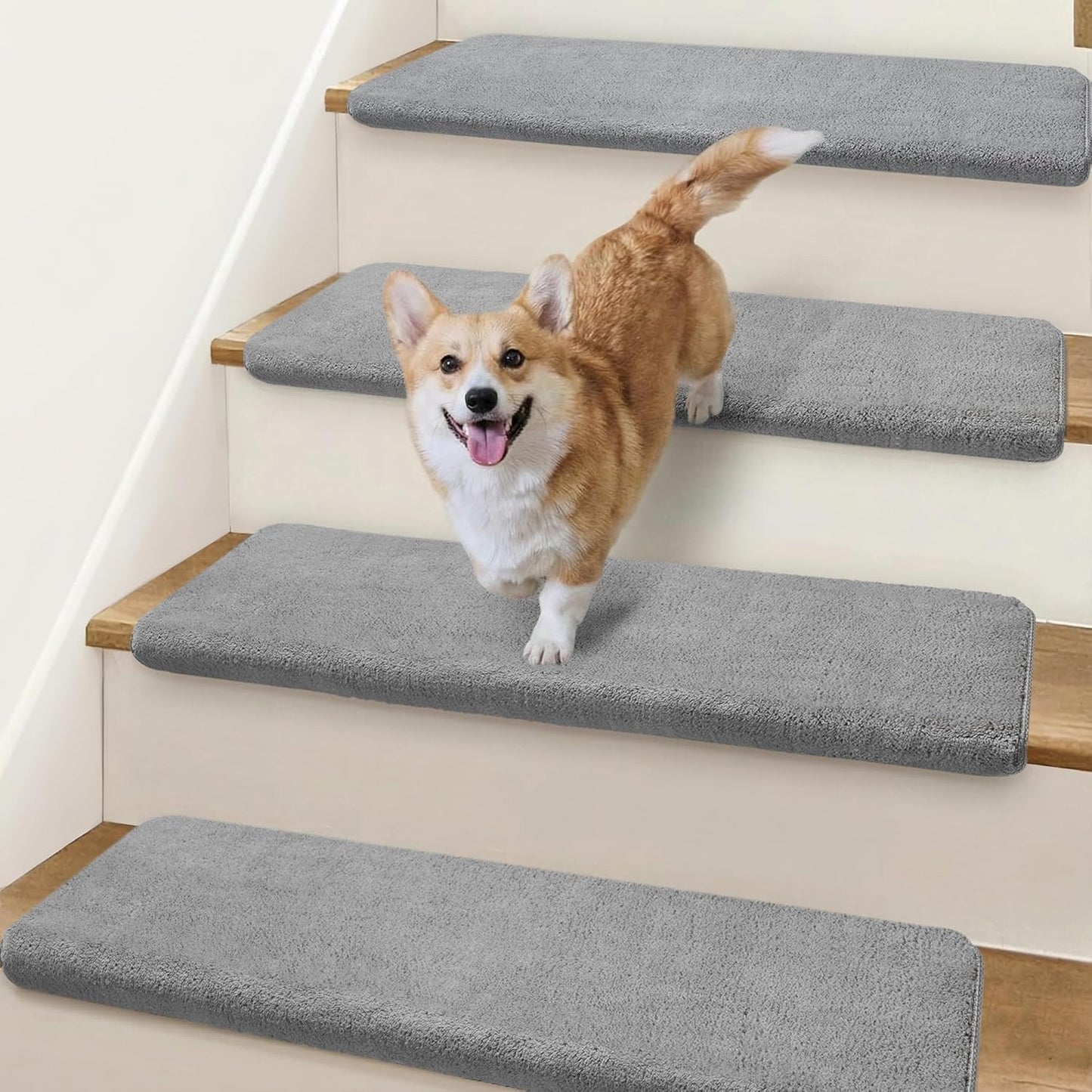 Bullnose Stair Treads Non Slip 9.5" x 32", 14 Pcs Ultra Plush Carpet Stair Treads for Wooden Steps Indoor with Edge Protection, Reusable Peel and Stick TPU Backing Stair Runner Rugs - Beige Gray