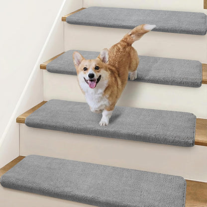 Bullnose Stair Treads Non Slip 9.5" x 32", 14 Pcs Ultra Plush Carpet Stair Treads for Wooden Steps Indoor with Edge Protection, Reusable Peel and Stick TPU Backing Stair Runner Rugs - Beige Gray