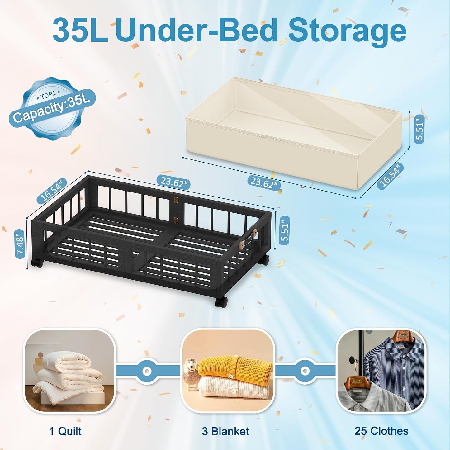 efluky 2-Pack Bamboo Under Bed Storage with Wheels, Rolling UnderBed Storage Basket with Large Dust Bag, Under Bed Storage Containers for Bedroom, Dorm and Basement, Nature