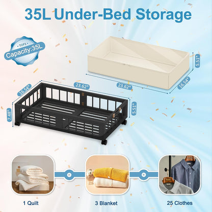 efluky 2-Pack Bamboo Under Bed Storage with Wheels, Rolling UnderBed Storage Basket with Large Dust Bag, Under Bed Storage Containers for Bedroom, Dorm and Basement, Nature