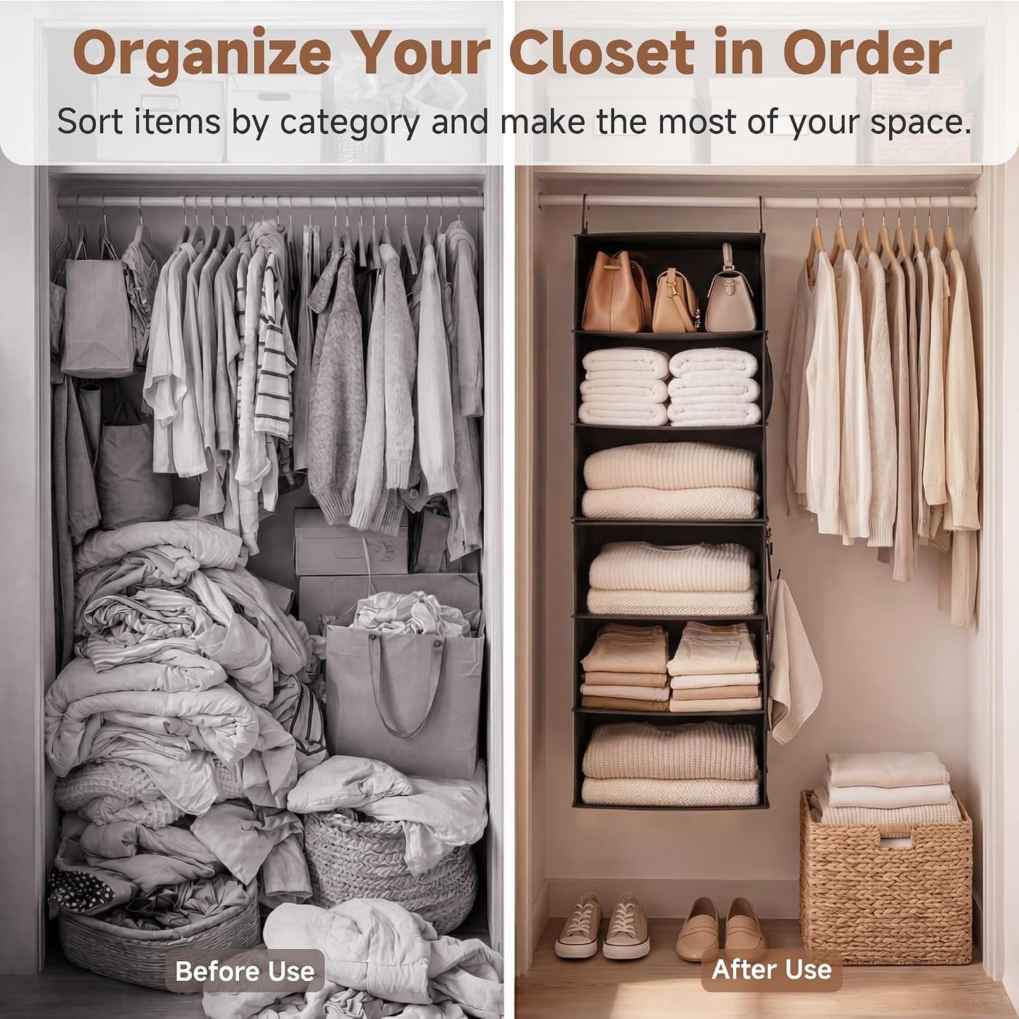 StorageWorks 6-Shelf Closet Organizers, Two 3-Shelf Separable Hanging Shelves for Closet, 12 1⁄2" D x 12 1⁄2" W x 47 ¼" H, Mixing of Beige, White & Ivory