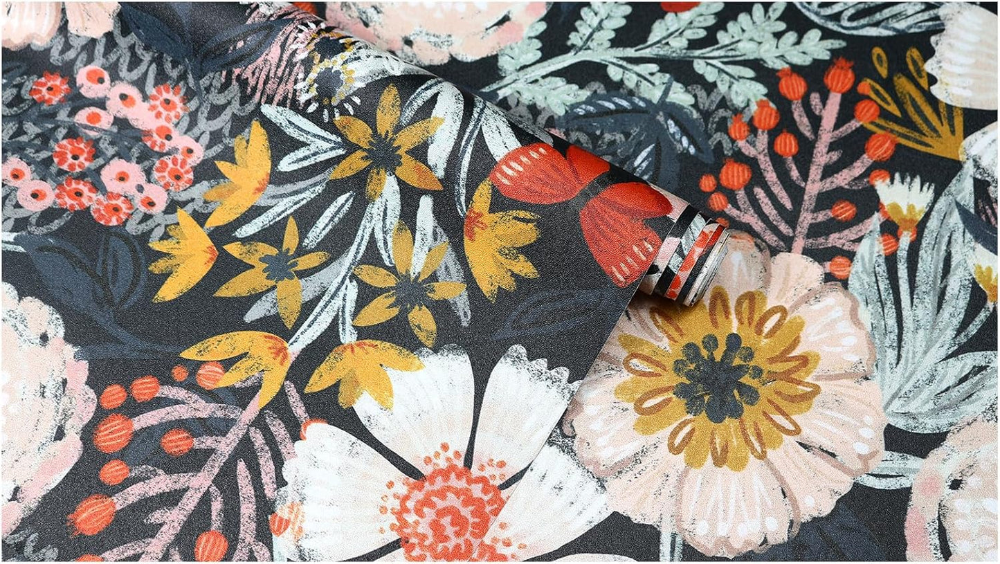 HAOKHOME Boho Peel and Stick Wallpaper Floral Wall Paper Removable for Bedroom Navy/Pink/Orange Contact Paper 17.7in x 9.8ft