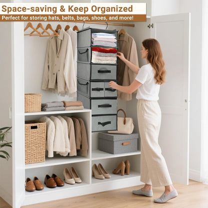 2-in-1 Durable 6-Tier Hanging Closet Organizer with 4 Removable Drawers,2 Separable 3-Tier Thickened Fabric Hanging Shelf Clothes Storage Organization Space-saving for Bedroom,Dorm,Guestroom,RV,Travel