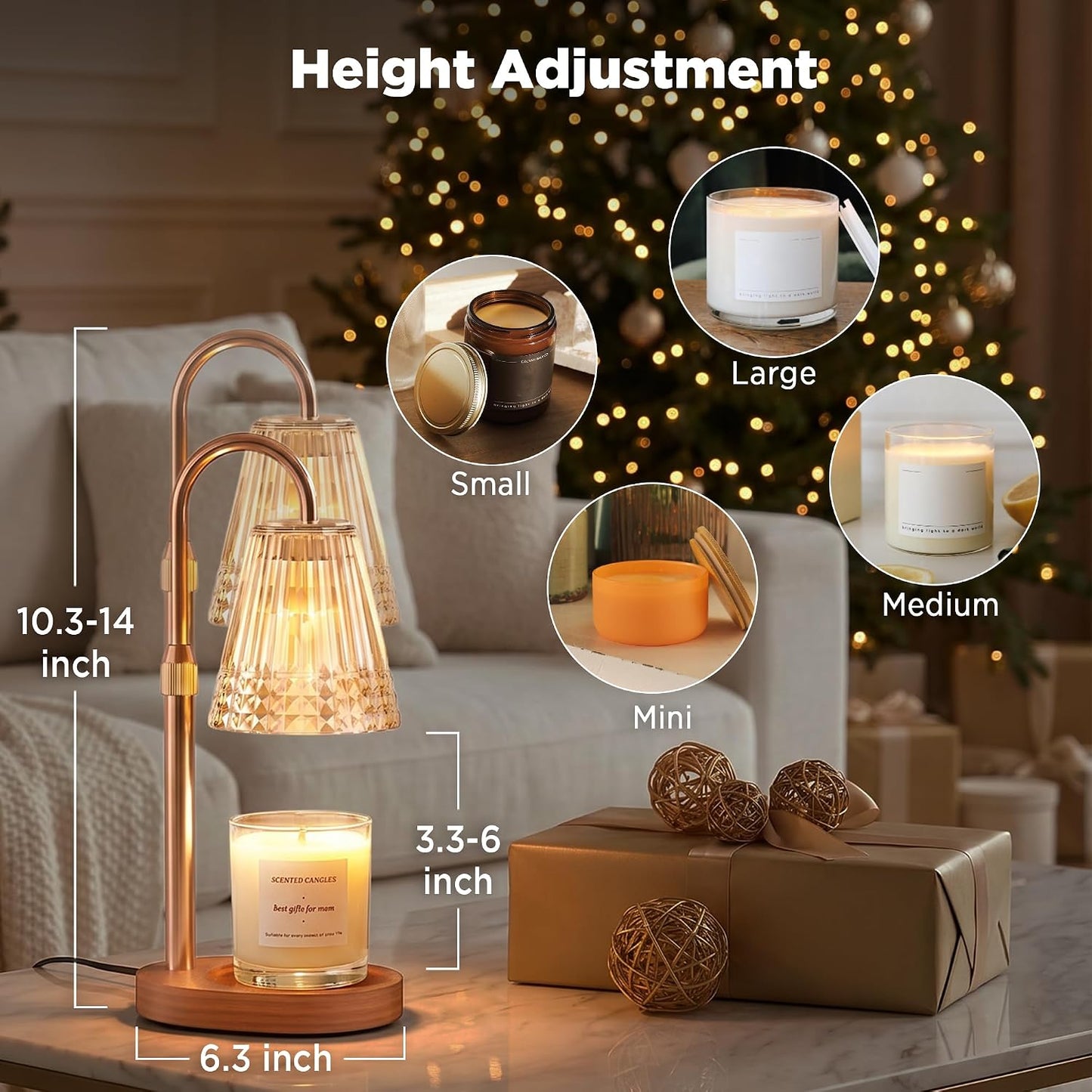 Candle Warmer Lamp with Timer Dimmable, Height Adjustable Wax Melt Warmer Lamp with 2 Bulbs, Flameless Candle Warmer for Home Decor, Birthday Gifts for Women Mom (Classic Gold)