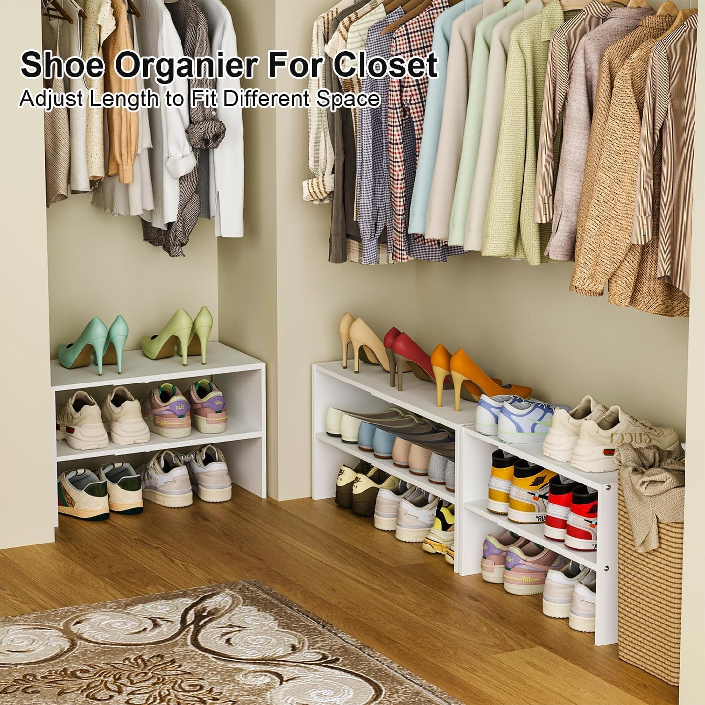 White Shoe Rack Organizer for Closet, 2-Tier Expandable Shoe Shelf, Stackable Iron Wood Combination Small Shoe Racks Shelves for Closets, Entryway,Small Space,Hallway,Bedroom,Bathroom,6-12 Pairs