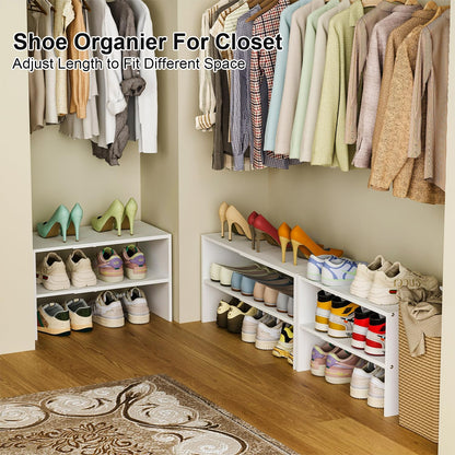 White Shoe Rack Organizer for Closet, 2-Tier Expandable Shoe Shelf, Stackable Iron Wood Combination Small Shoe Racks Shelves for Closets, Entryway,Small Space,Hallway,Bedroom,Bathroom,6-12 Pairs