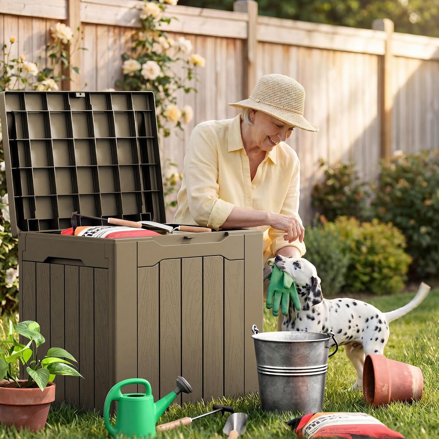 JUMMICO 31 Gallon Resin Deck Box Waterproof Indoor Outdoor Storage Boxes for Patio Furniture Cushions and Garden Tools (Brown)
