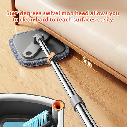 Spin Mop and Bucket Set with 2 Replaceable Microfiber Mop Pads with Self Separation Dirty and Clean Water System, Self Wringing 360° Rotating Square Mop Head for Hardwood Tile Marble Floors