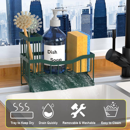 Maifan Sink Caddy Sponge Holder for Kitchen with Brush Holder and Stainless Steel Self Drain Tray, Rustproof Kitchen Sink Organizer for Sponge, Soap Dispenser Storage Accessories (Lacquer Silver)