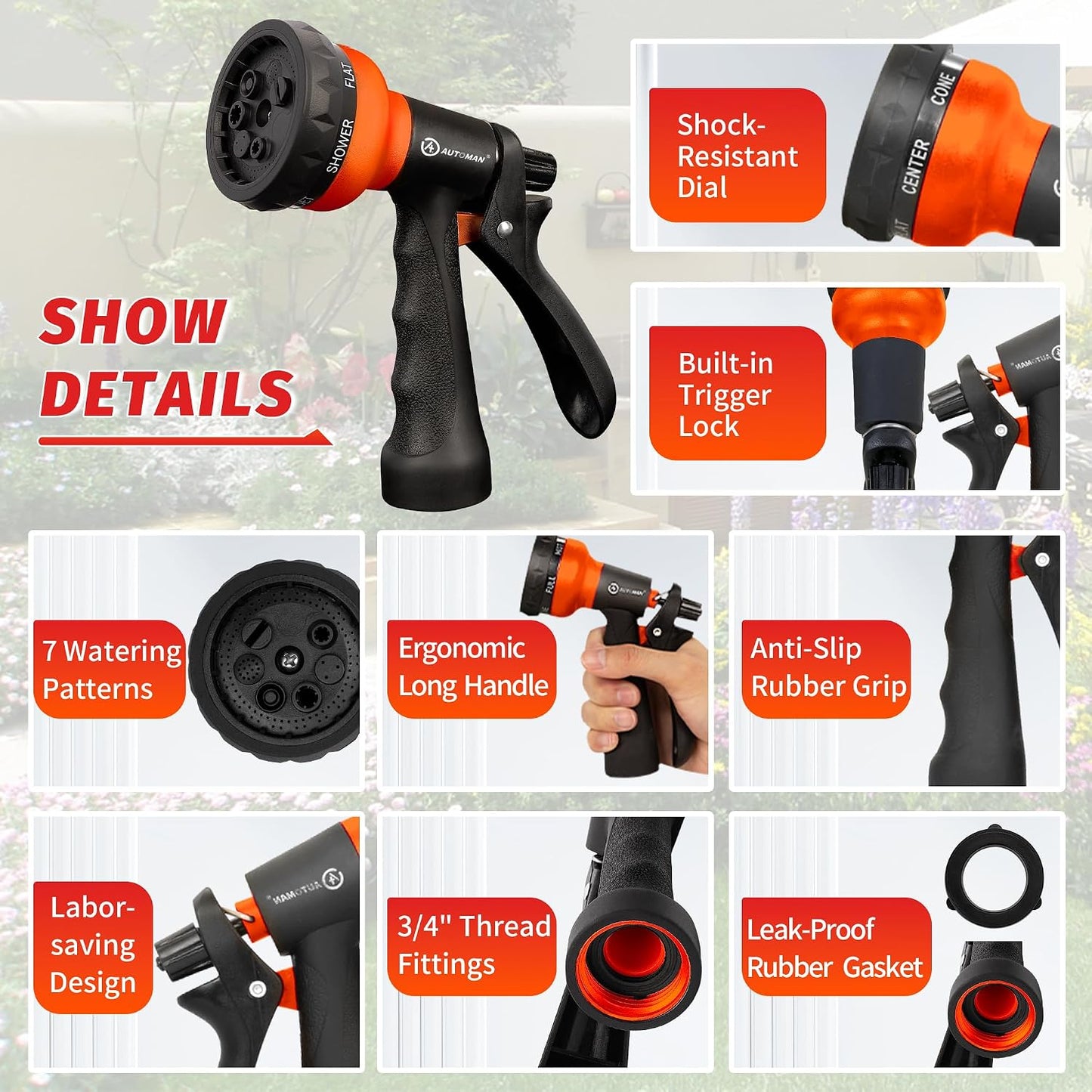 AUTOMAN Garden Hose Nozzle - 2 Pack, 100% Metal High Pressure Spray Nozzle, Labor-Saving Design, Heavy Duty for Garden Watering, Car Washing, Window Cleaning, Pets Bathing