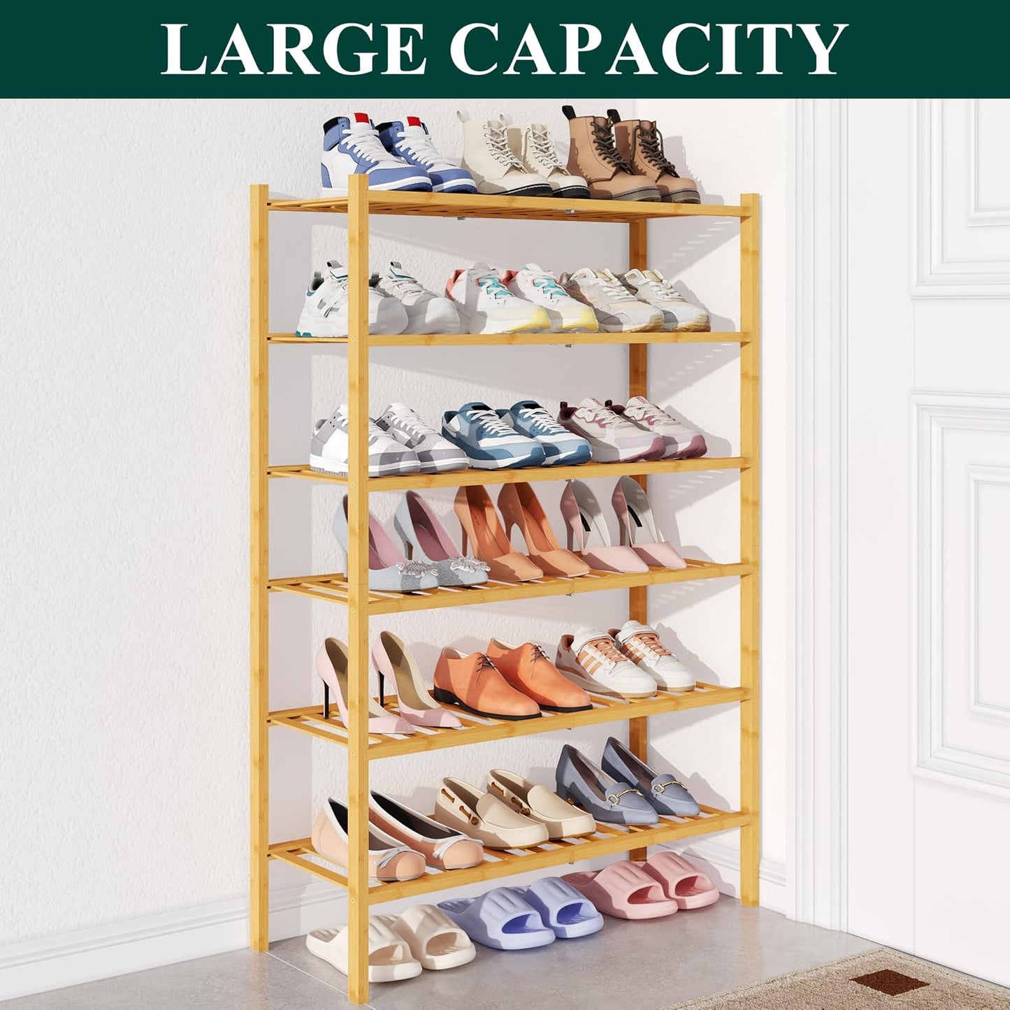 Smiry Bamboo Shoe Rack for Closet, 3 Tier Wooden Shoe Organizer, Stackable Wood Shoe Storage Shelf for Entryway, 14 Vertical Slats, One-piece Heavy-Duty Legs, 26.77"x11.02"x18.31", Natural